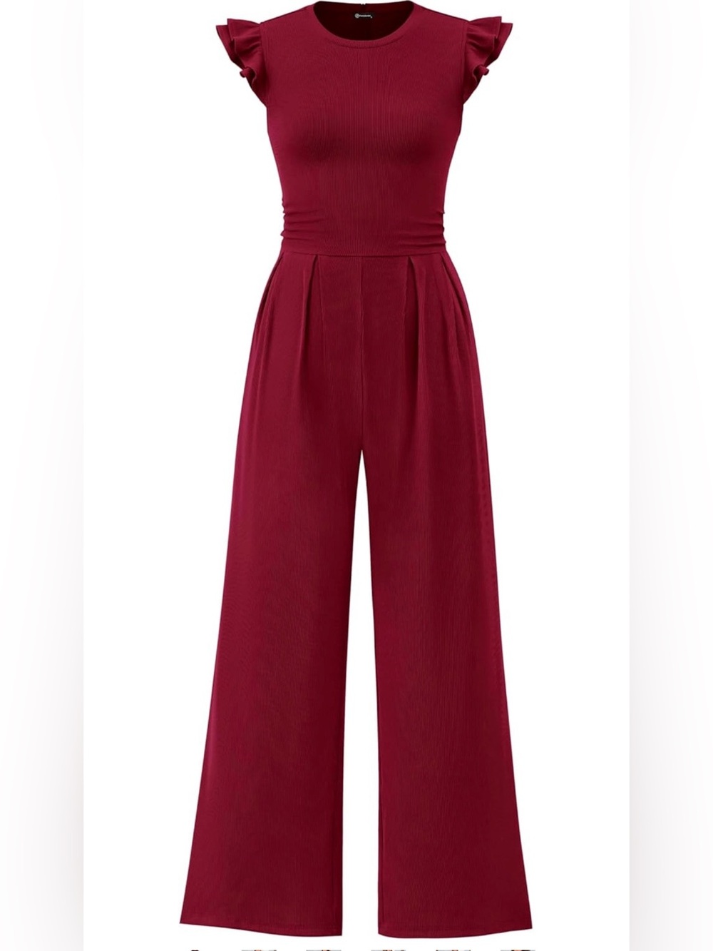 Flutter-Sleeve Wide-Leg Jumpsuit in Burgundy